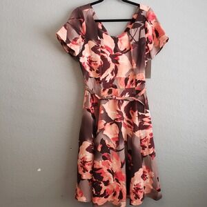 Eva Mendes NY&Co Floral Fit & Flare Dress Coral Brown Short Sleeve Size 8